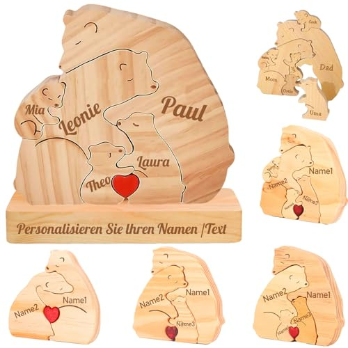 Personalisierte Geschenk-Holzkunstpuzzle der Bärenfamilie,Holz Bär Skulpturen mit 2-7 Namen Graviert,Desktop Ornament Home Tischdekoration,Geschenke für Familie Muttertag Vatertag (Stil-2)