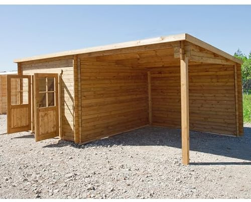 Gardy Shelter Abri de Jardin Bois Massif Traité 18m² (9m² Abri + 9m² Terrasse) | Toit Plat, Couleur Marron, Kit de Montage Inclus | Rangement Extérieur & Espace Détente