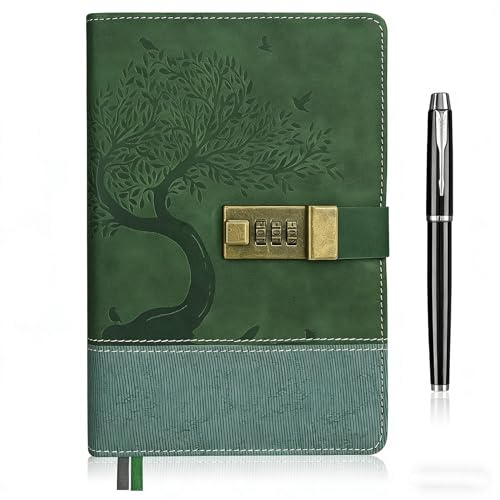 SIMDAO A5 Leather Journal with Lock, 100gsm Password Locking Journals with Pen for Women & Men, 200 Pages Diary with Lock for Writing, Leather Hardcover Lined Notabook for Gift, Green