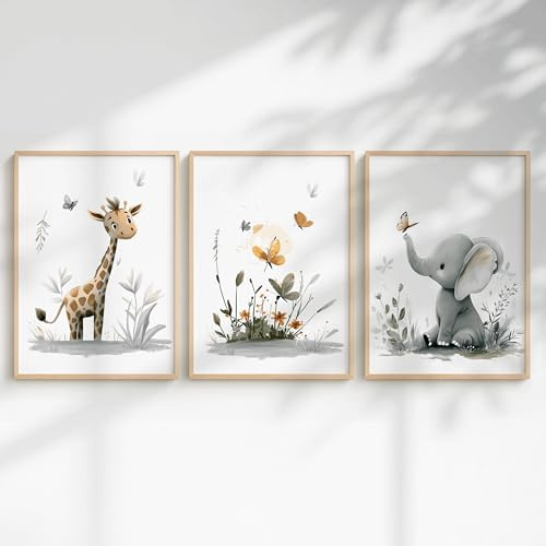 Generisch 3er Dschungel Poster-Set fürs Babyzimmer A4 A3 - Bilder Safaritiere: Elefant Faultier, Nilpferd, Giraffe, Löwe, Zebra, Panda fürs Kinderzimmer (Safari Schmetterling, DIN A3, Ungerahmt)