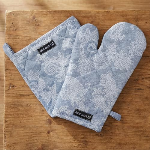 Encasa XO Heat Resistant 100% Cotton Oven Glove & Potholder Set with Loop, Kitchen Cooking Mittens, Microwave Safe Hot Pads - Floral Blue, 18x30 cm, (Pack of 2)