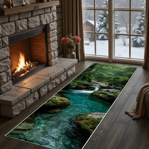 Meugesoi Wald Creek Teppich Läufer Flur 80x300cm, Moos Felsen Küchenteppich Natur Thema Teppichläufer rutschfest Waschbarer, Küchenläufer, Teppiche Kurzflor für Wohnzimmer Schlafzimmer