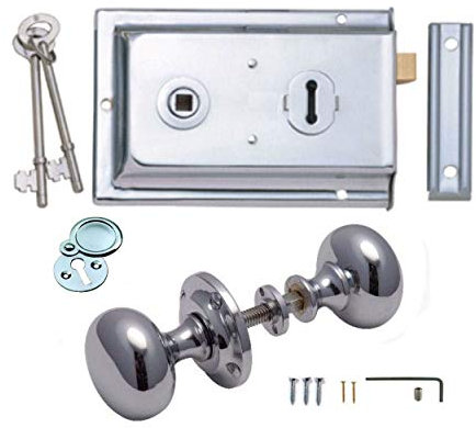 Polished Chrome Victorian Mushroom Rim Door Knobs & Rim Sash Lock Set