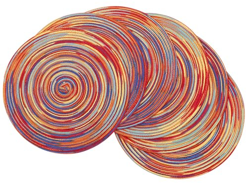 SHACOS 6er Set Tischsets Rund Abwaschbar, Runde Platzsets Geflochten, Hitzebeständig, Schmutzabweisend, Platzdeckchen Abwaschbar Rund, Rot, 38x38 cm