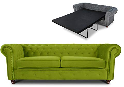 Schlafsofa Chesterfield Asti Bis 3-Sitzer, Sofa mit Schlaffunktion, Couch 3-er, Couchgarnitur, Sofagarnitur, Holzfüße, Polstersofa (Hellgrün (Velvet 75))