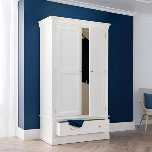 Julian Bowen Clermont Combination Wardrobe, 2 Door, White - H199.5 x W110cm | French Inspired Double Closet, Clothing Rail & Shelf, Storage Armoire for Bedroom
