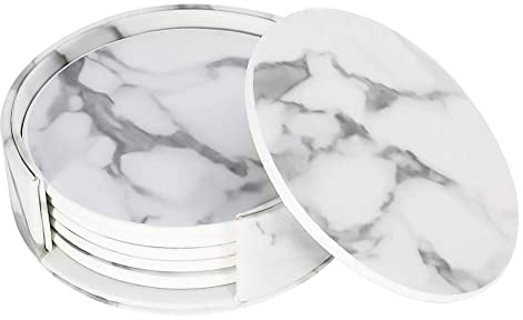 lovingmona Marble Coasters Set of 6 Coasters with Holder for Drink Marble Placemats White Cup Mats Suitable for Kinds of Cups PU Leather Heat Resistant Tables & Home Decor Round