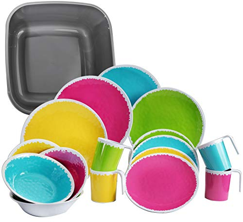 Camping Geschirr Set aus Melamin für 4 Personen in BUNTEN Farben 17 Teile MIT SPÜLSCHÜSSEL - mit je 4 großen Teller, 4 Dessertteller, 4 Schälchen, 4 stapelbare Tassen - sehr robust - farbecht