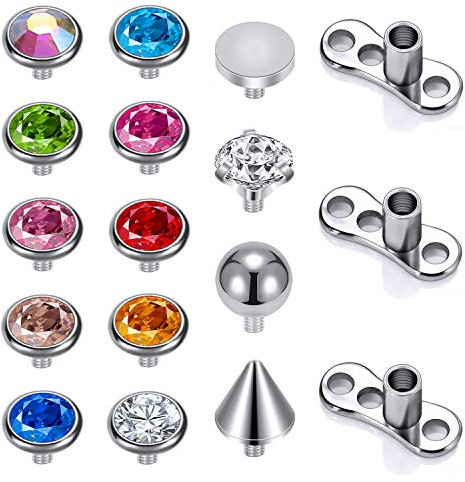 14G Acier Chirurgical Fileté en Interne Dermal Anchor Base Microdermals Piercing pour Femmes Hommes, 14-19Pcs Cubique Zircone Dermal Anchor Tops 2.5mm 3mm 4mm (C)