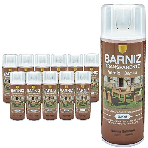 Pintura spray 400ml Barniz Satinado transparente para Metal/Madera/Plástico(Barniz Satinado,400 ml (Paquete de 12)