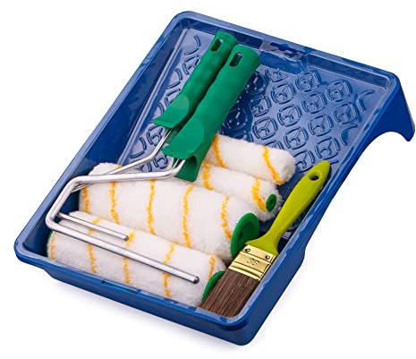 Mivos Set da pittura, 9 pezzi, 2 rulli da 18 cm, 2 rulli da 11 cm, 2 staffe a incastro, pennello da 36 mm, vaschetta per colori da 33 x 26 cm, set per verniciatura per pittura a parete/rullo