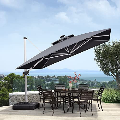 PURPLE LEAF Ombrellone da Giardino 2.7x3.65 m con LED, Palo in Alluminio con Manovella girevole a 360°, doppio tetto inclinabile UV 50+, per Piscina esterna Giardino Terrazzato, grigio