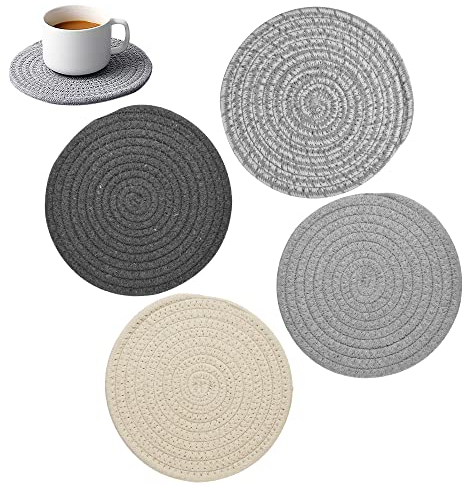 Angelkiss 4 Stück Topfuntersetzer Set Topflappen Set Untersetzer Baumwolle Runde Geflochtene Untersetzer Topf Halter Faden Weben Matte Löffelablage Heißer Topf Halter zum Kochen in Küche