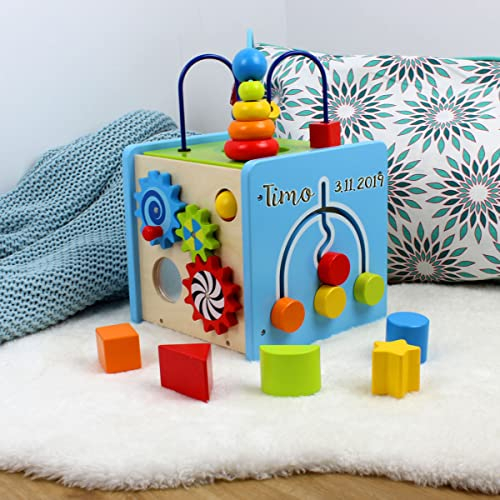 Motorikwürfel groß aus Holz I mit Personalisierung I kindgerechtes Design I 5 spannende Spielseiten zum Entdecken und Spielen I aus Holz gefertigt und mit Farben auf Wasserbasis bemalt I Alter: 1+