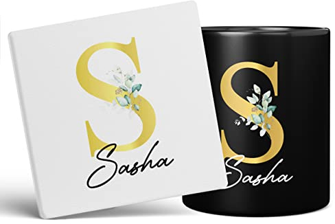 Personalised Letter S Floral Mug Initial with Name, Customised Gift, Gold Effect Printed Letter, NOT Metallic - Ceramic Coffee Cup for Men or Women, Extra Large and Giant Mug, 11oz Black Cup & Coaster