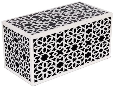 Handicrafts Home Large Decorative Storage Box with Lid, Black White Persian Tile Pattern Jewelry Box, Shiraz Rosette Lattice Keepsake Box for Coffee Table, Shelf & Bedroom Decor, Shiraz 10 x 5 x 5