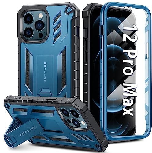 FNTCASE for iPhone 12-Pro-Max Phone Case: Military Grade Drop Proof Protection Mobile Cover with Kickstand | Matte Textured Rugged Shockproof TPU | Protective Sturdy Cases - Blue