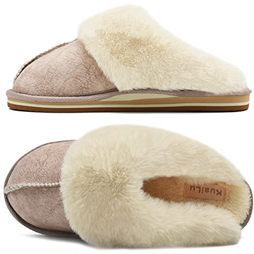 KuaiLu Hausschuhe Damen Flauschige Plüsch Lammfell Geschlossen Winter Warme Pantoffeln Frauen Kuschel Memory Fussbett Hause Slippers Rutschfest Feste Sohle Hüttenschuhe Indoor Outdoor. Beige 41
