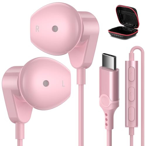 APETOO USB C Headphones for iPhone 15 Plus 16 17 Pro Max iPad Pro USB-C Wired Earbuds with Microphone Volume Control HiFi Stereo Type C Earphones for Galaxy S25/S24/S23/S22 Ultra, Pixel 9 8 7 6, Pink