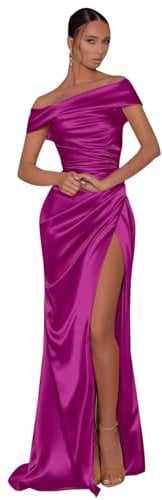 Kzoroln Abito da damigella d'onore in raso a sirena con spalle scoperte pieghettate formale abito da ballo da sera lungo con fessura MA40, Fucsia, 40