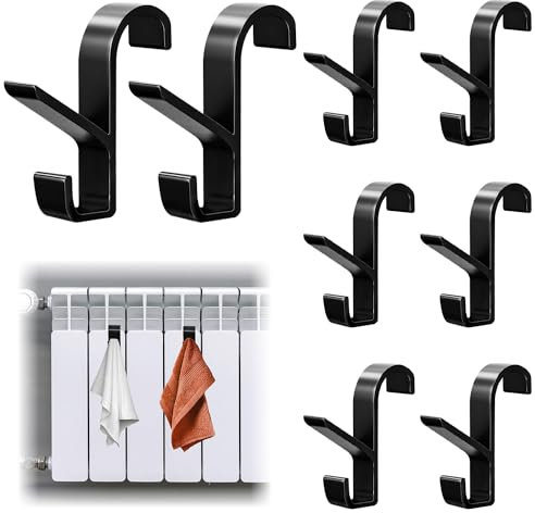 Esteopt 8Pcs Black Plastic Radiator Hooks, Modern Over-the-ledge Towel Rail Hanger Hooks, Bath Hook Holder, Fits Standard Radiators
