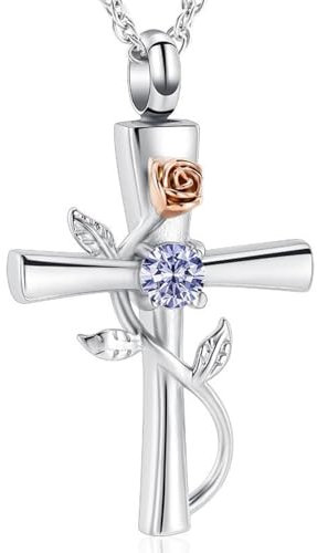 memorial jewelry Collier urne en forme de croix pour cendres, pierre de naissance, rose, fleur, bijou de crémation pour femme, pendentif souvenir des cendres