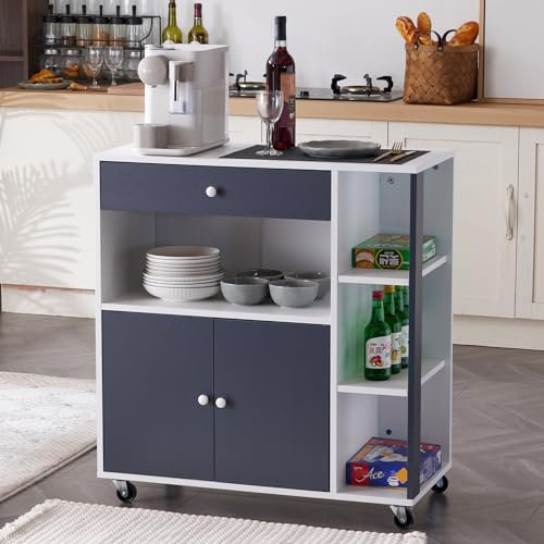 LEADZM Desserte Îlot de Cuisine, Desserte sur roulettes, Chariot de Cuisine avec 1 Tiroir de Placard et 3 Étagères, Double Portes, Meuble de Cuisine, 80 x 39 x 86 cm (Gris)