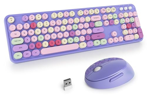 SOLIDEE Wireless Keyboard and Mouse Combo,Retro Typewriter Keyboard,2.4GHz Colorful Round Keycap Computer Keyboard with Number Pad,104 Keys Full Size Ergonomic Keyboard(US Layout QWERTY)(Mixed Purple)