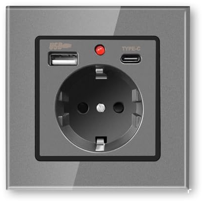PANGTZEEN Schuko Steckdose mit USB A & Typ C 1 Fach Gehärtetem Glas 82mm Einzel Wand Steckdose 16A Typ-F Unterputz Zwei Befestigung Stil Einbausteckdosen Grau Für Schlafzimmer, Küche, Büro