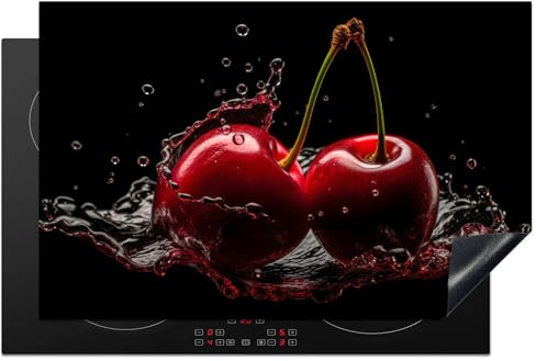 KitchenYeah© Protection Pour Plaque Induction 81x52 cm Deco Cuisine Protégé Cache De Cuisson Vitroceramique Cerises - Rouge - Fruit - Eau - Noir