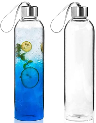 Asfrode Aesthetic - Juego de 2 botellas de cristal de 1 litro con tapa en aspecto de acero inoxidable para deportes, al aire libre, escuela, universidad, bicicleta, oficina, gimnasio