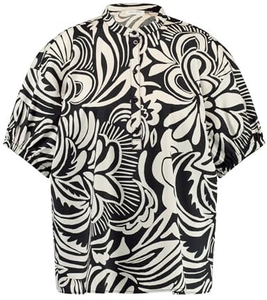 Gerry Weber Damen Legere Bluse mit Allover-Muster halber Arm, Puffärmel, elastischer Ärmelsaum floral, Gemustert Ecru/Weiss/Schwarz Druck 44