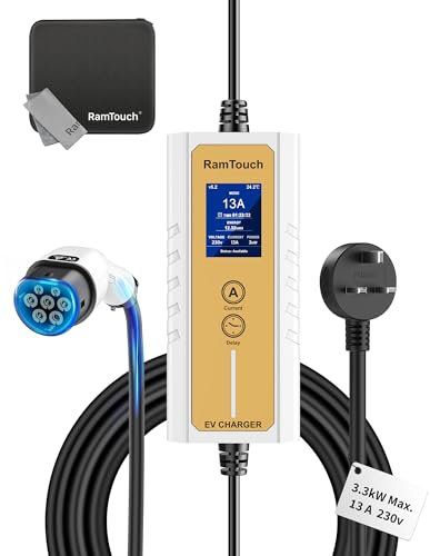 RamTouch Electric Vehicle Charger (3 kW, Type 2, UK 3-Pin Plug, 6.5 m), IP65 Portable Car Charger with Adjustable Current (6A–13A) and Delayed & Timed Charging