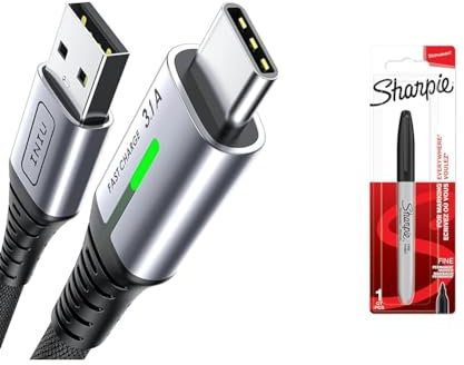 INIU USB C Charger Cable 2m 3.1A Type C Cable Fast Charging, Braided USB A to USB-C Phone Charger & Sharpie Permanent Marker | Fine Point for Bold Details | Black Ink | 1 Marker Pen