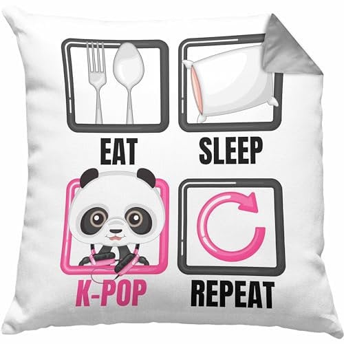 Trendation Eat Sleep K-Pop Kissen mit Füllung 40x40 Geschenk Koreanische Musik Kpop Geschenkidee Spruch (Grau)
