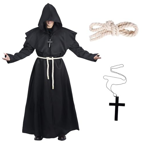 OUOQI Mönch Robe Kostüm,Herren Kapuze Mönch Robe Priester Kostüm mit Kreuz-Halskette,Gürtel,Priester Robe Kostüm,Mönch Priester Gewand für Halloween,Karneval und Rollenspiel Kostüme
