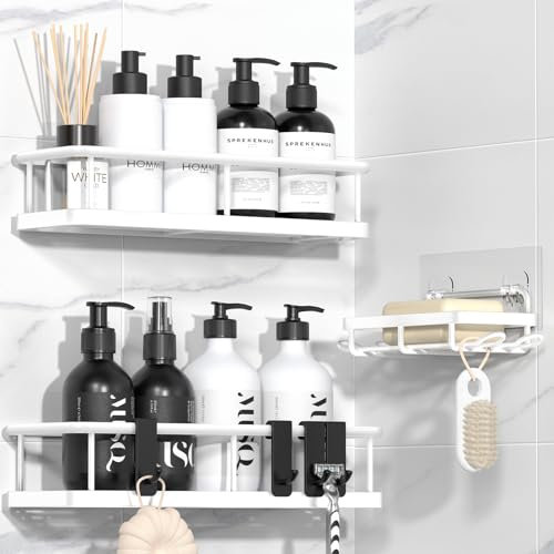 YASONIC Lot de 3 étagères de douche sans perçage avec porte-savon, en acier inoxydable et stable, séchage rapide, support de shampoing, pour étagère de douche, noir