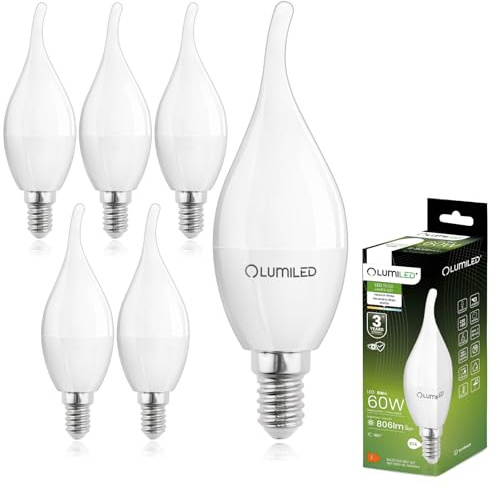Lumiled BA35 E14 LED Lampe 8W (ersetzt 60W), 806 Lumen, Kerze Milch Glas Leuchtmittel in Kerzeform Windstoß 4000K Neutralweiß Birne Lampen 180° Grad Abstrahlwinkel LED Lampen Kerzenbirnen 6er-Pack