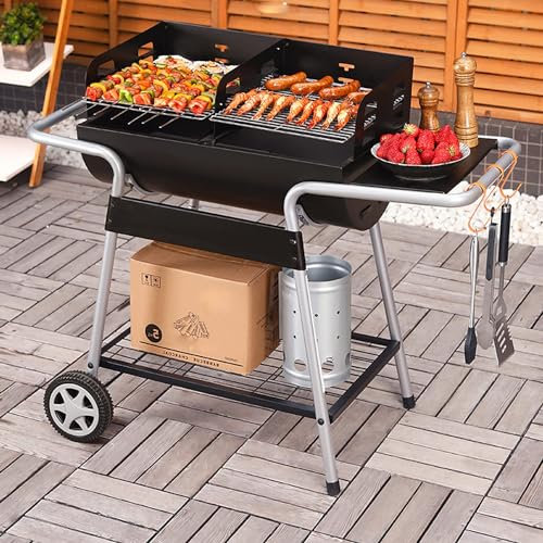Ölfass Ofen mit Rad Grill - Tragbarer Haushalts-Holzkohlegrill, leicht zu tragen und zu reinigen, verstellbarer BBQ Grill für den Feldeinsatz
