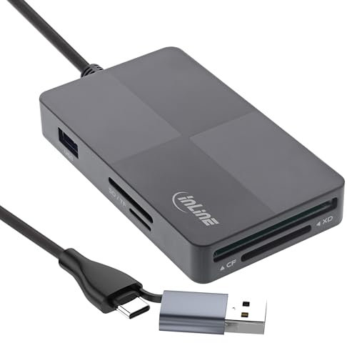 InLine USB 3.2 Multi Cardreader Hub, Kartenleser, für SD/TF/MS/XD/CF, 3-Port USB-A, 5 Gb/s, Dual USB-C/A Anschluss, OTG-Funktion, Kompatibel mit Android/Windows/Mac OS/Linux, 66772F