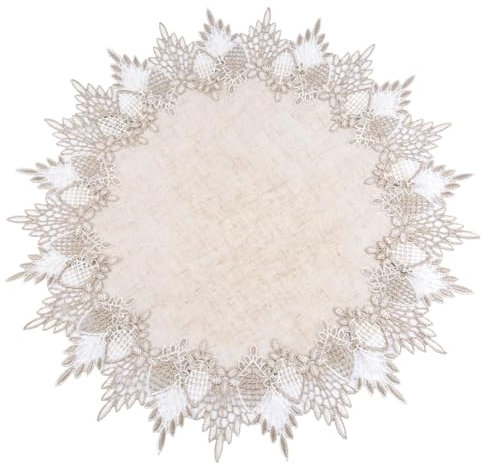 URROMA Rundes Deckchen aus Leinen, 50,8 x 50,8 cm, Beige mit Spitzenbesatz, Couchtischauflage, Tischdekoration, Tischdecke für Esszimmer, Küche (50 x 50 cm)
