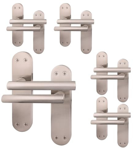 EAI Satin Door Handles | 5 Pairs of Satin Nickel Internal Latch T-Bar Handles on Backplate | Oliena Range