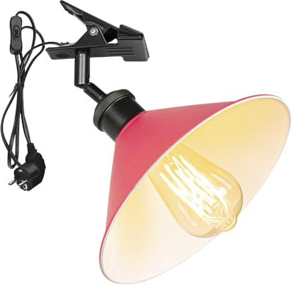 FSLiving Verstellbare Klemmlampe mit E27-Fassung,1 Packung Leselampe mit 1,8 m Kabel, Dimmbar Nachttischlampe,Schreibtischlampe für Büro Heimgebrauch - 22 * 8cm Rot Lampenschirm- TD0603