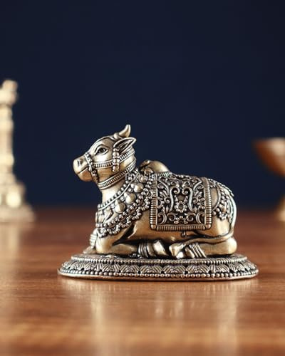 Premium Messing Nandi Statue, Torwächter von Shiva und Parvati, 5 cm Heiliger Stiergott, Shiv Sevak, Kuhgott-Statue, Hauseinweihungsgeschenk, Heimdekoration, Tischdekoration