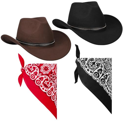 ViEinkaufen 2Pcs Cowboy Hats Black Brown, Cowboy Hat with Bandana Scarf Western Hat Set Fancy Dress Party Accessory for Women Men Halloween Birthday Cosplay Party (Black+Brown 3#)