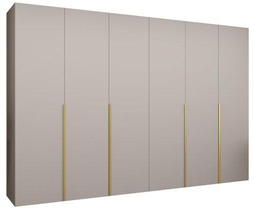 MEBLE KRYSPOL - Kleiderschrank - Drehtürenschrank - Schrank 300 x 202 x 52 cm - Moderner Garderobenschrank Schlafzimmer, Flur, Jugendzimmer - Kaschmir, Griff Gold - Alicante 1