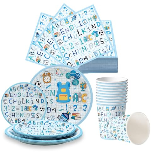 Pappteller Einschulung Schulanfang Pappgeschirr Set Teller Becher | Einschulung, mit 20 Servietten, 20 Pappteller, 10 Pappbecher, Schulkind Schuleinführung Tischdeko für Jungen Mädchen