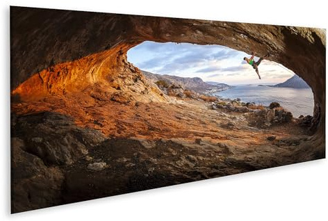 islandburner Prime Bild auf Leinwand Kletterer in Felswand über Meereshöhle bei Sonnenuntergang Bilder Wandbilder Poster