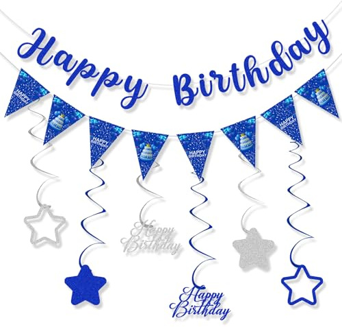 Blau-silberne Geburtstagsdekorationen für Männer und Frauen, Happy Birthday-Dekor, Partyzubehör-Schild, Happy-Banner, hängende Wirbel-Dekorationen, geeignet für drinnen und draußen