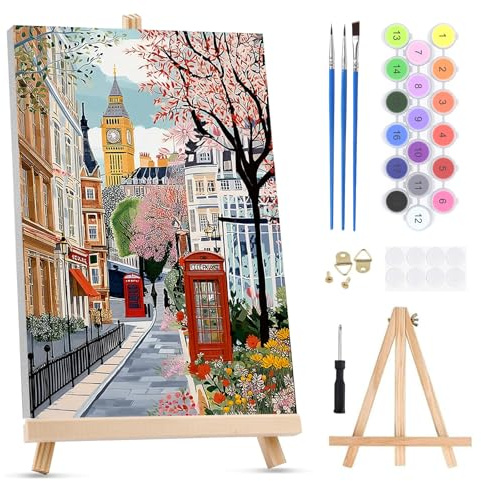QENSPE Peinture par Numéros pour Adultes sur Toile Encadrée - avec Chevalet, Rue de Londres Paint by Numbers Kit, Big Ben Peinture à l'huile Acrylique pour Décoration Murale Maison (20x30 cm)